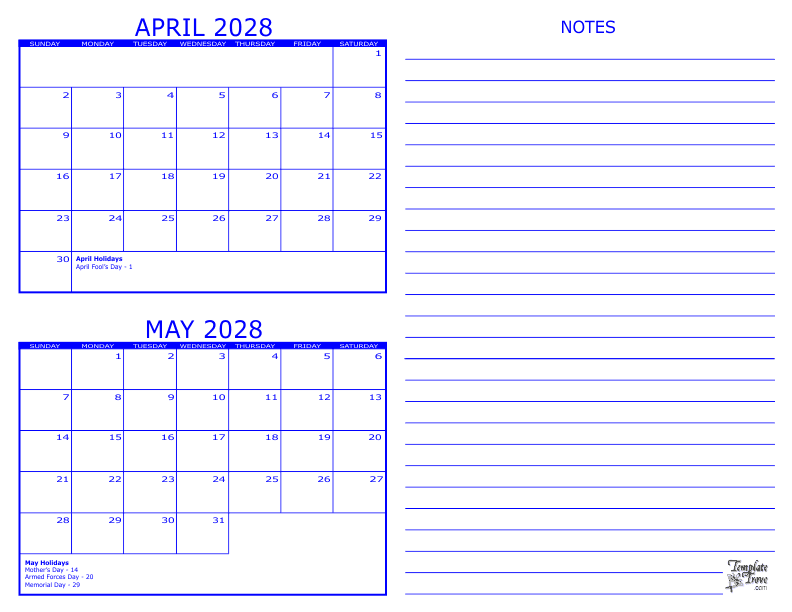 2 Month Calendar 2028