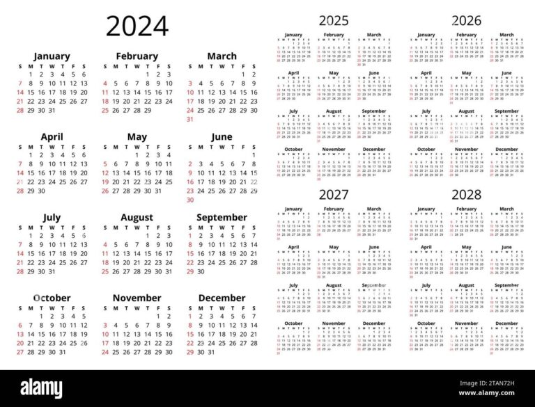 2024 2025 2026 2027 2028 Vertical English Calendars Simple 