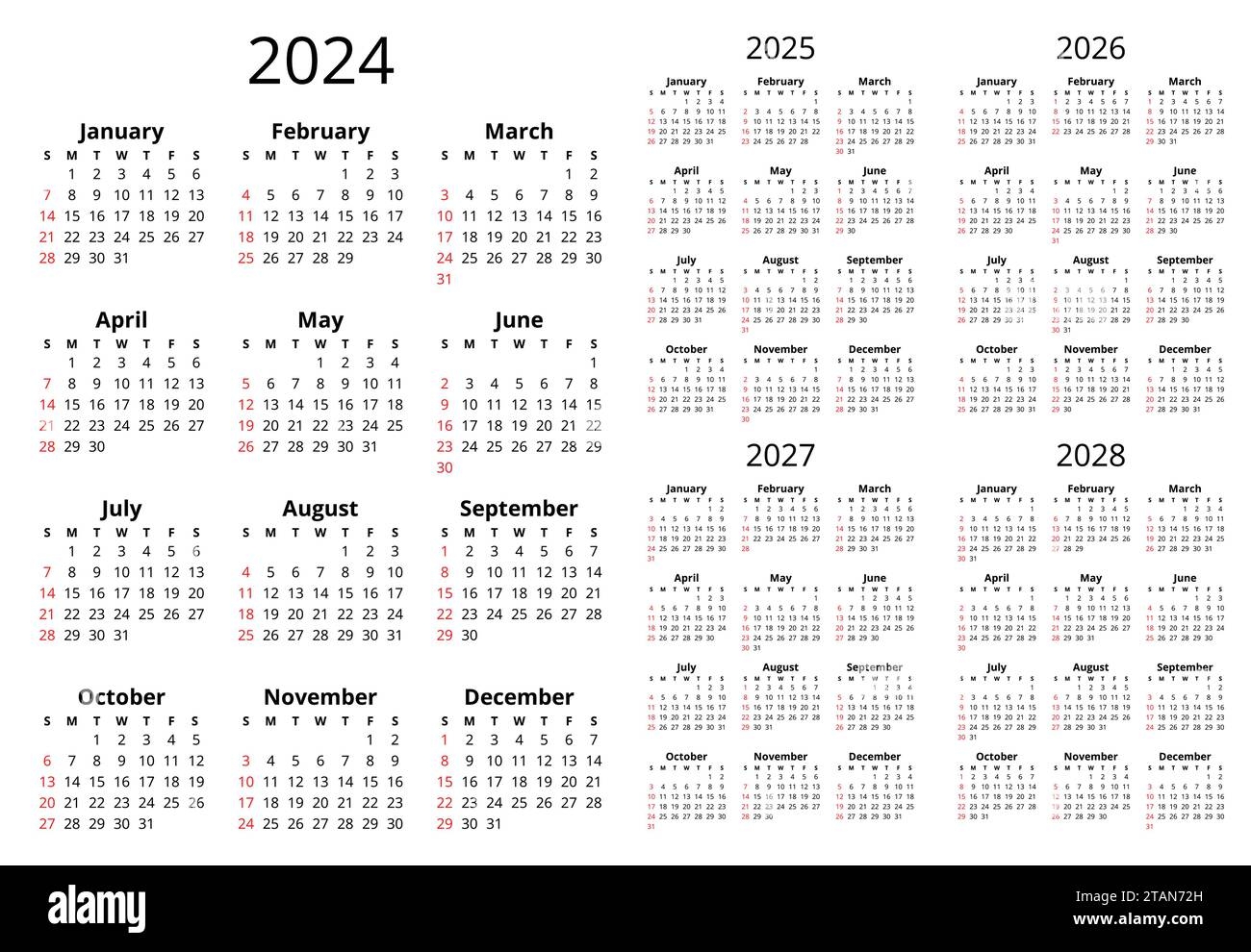 2024 2025 2026 2027 2028 Vertical English Calendars Simple 
