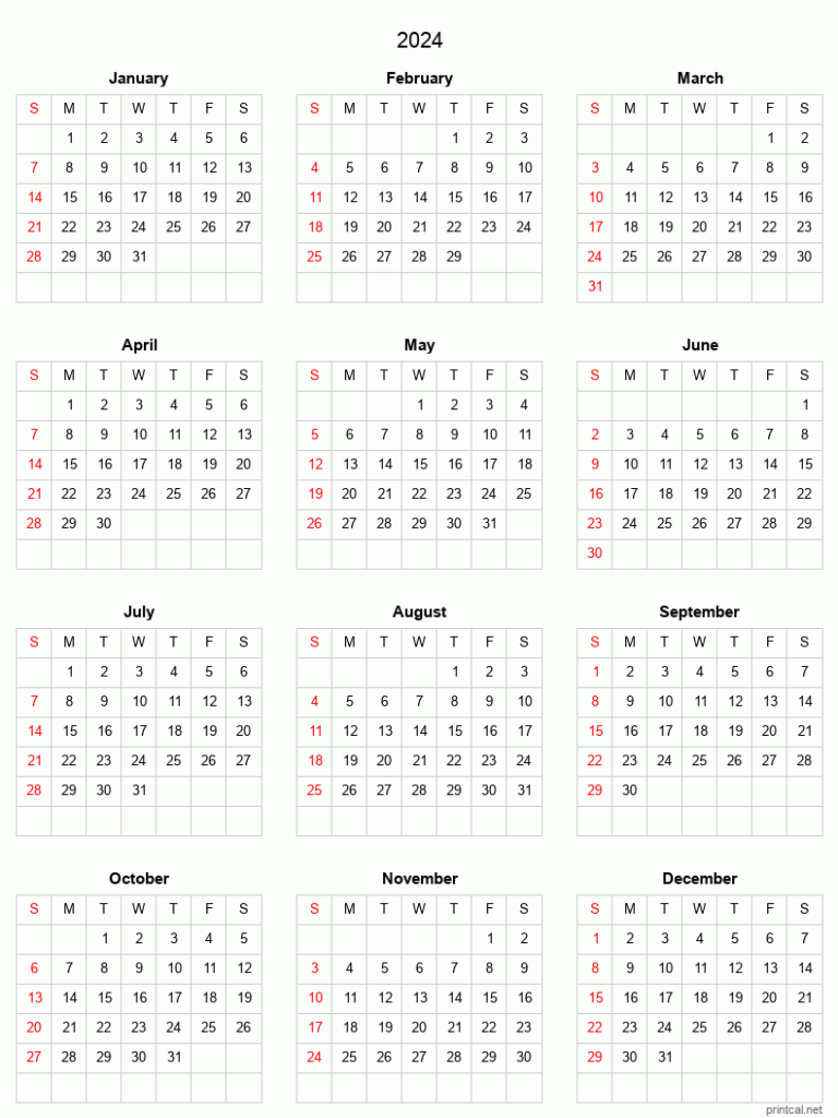2024 Printable Year Calendar Printable Online