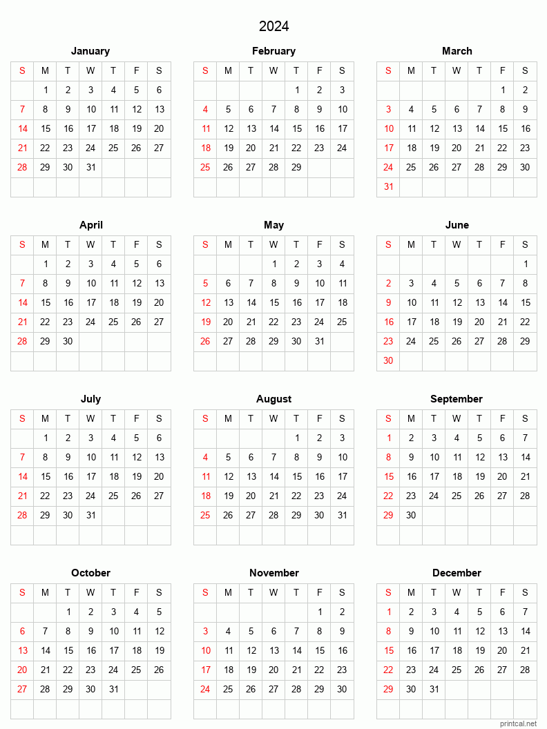 2024 Printable Year Calendar Printable Online
