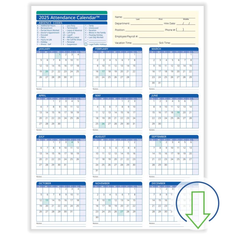 2025 Attendance Calendar Printable Free Printable Calendar 2025