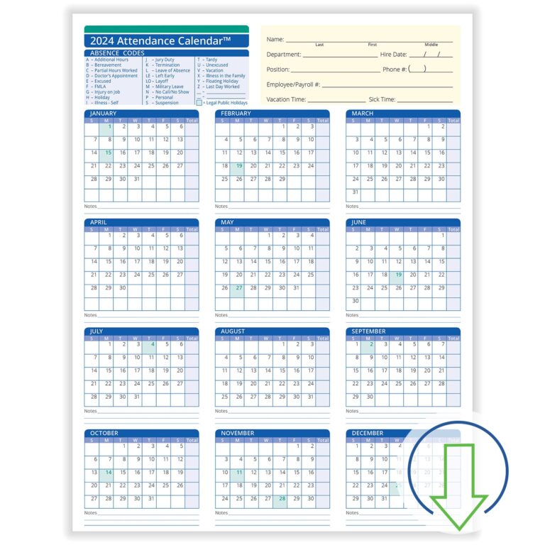2025 Employee Attendance Calendar Printable Free Download Word 