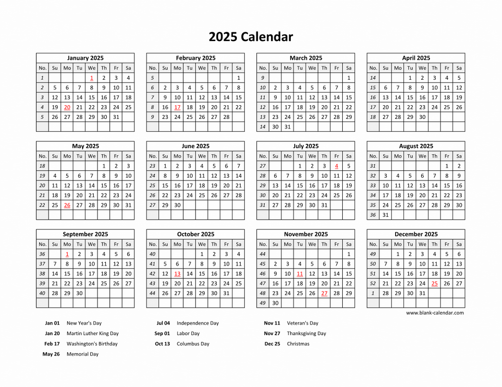 2025 Printable Calendar Monthly With Holidays Free Printable Assessment 