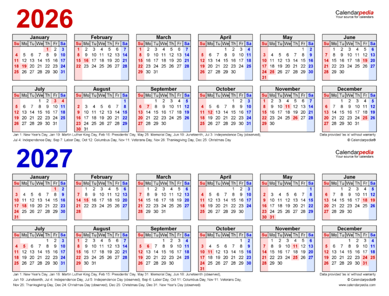 2026 2027 Two Year Calendar Free Printable PDF Templates