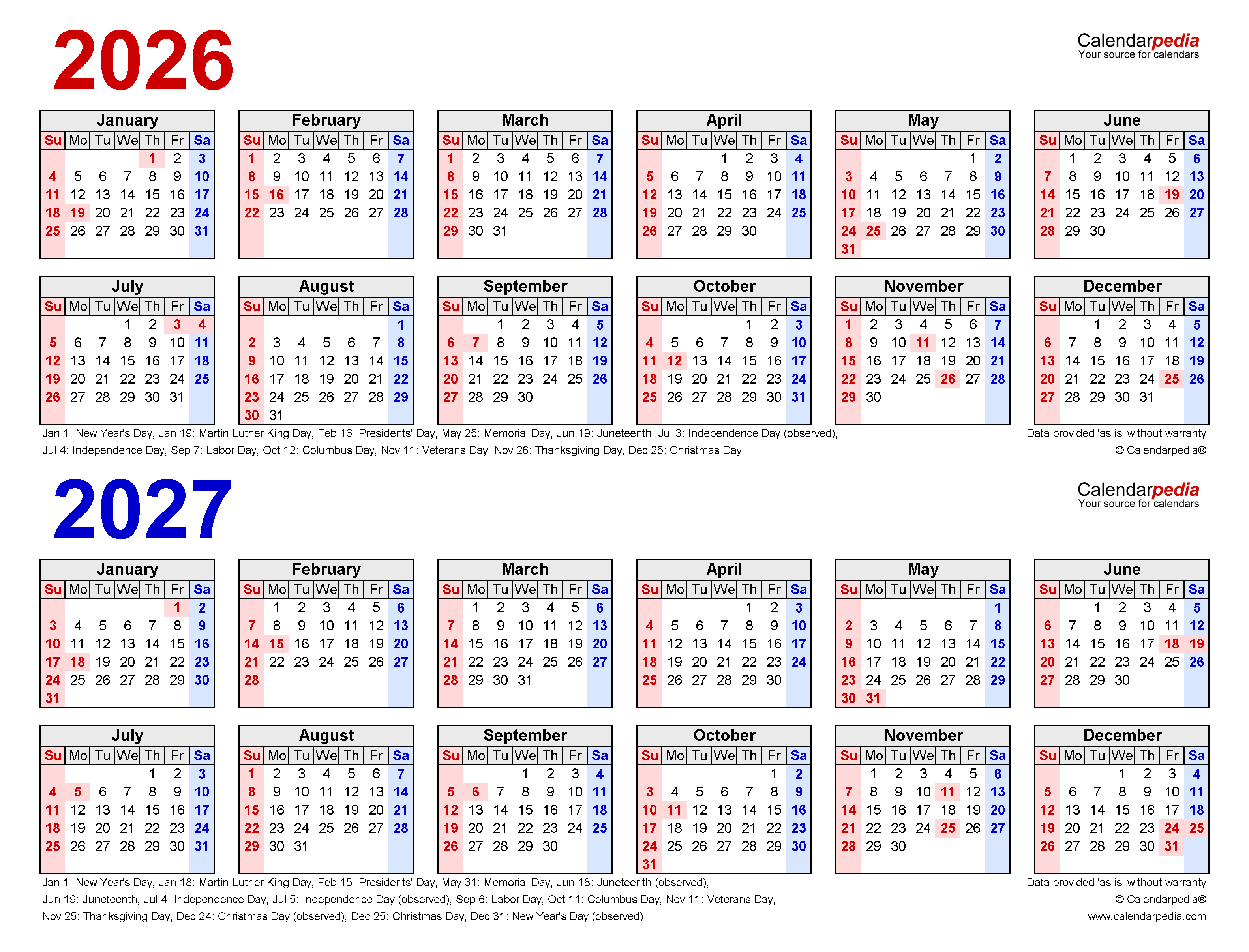 2026 2027 Two Year Calendar Free Printable PDF Templates