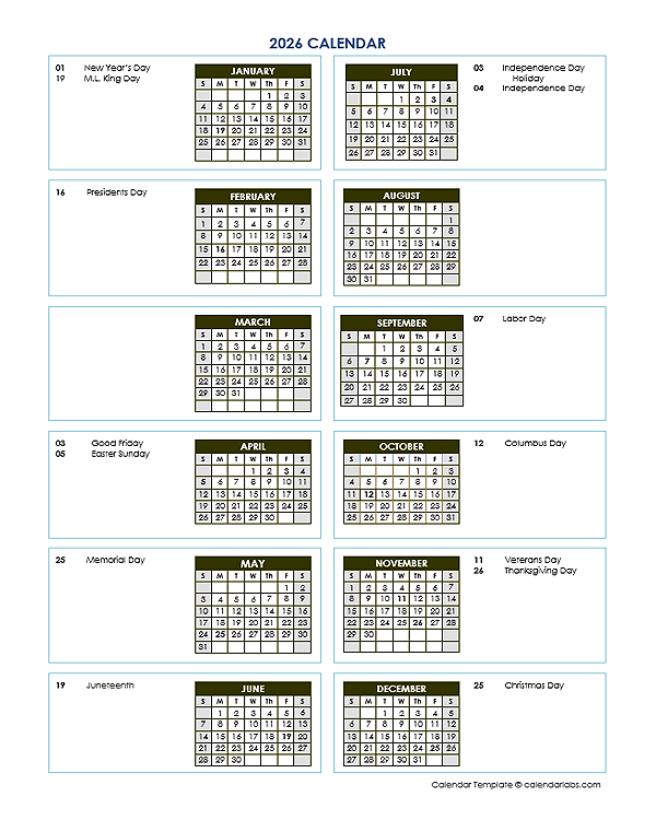 2026 Annual Calendar Vertical Template Free Printable Templates