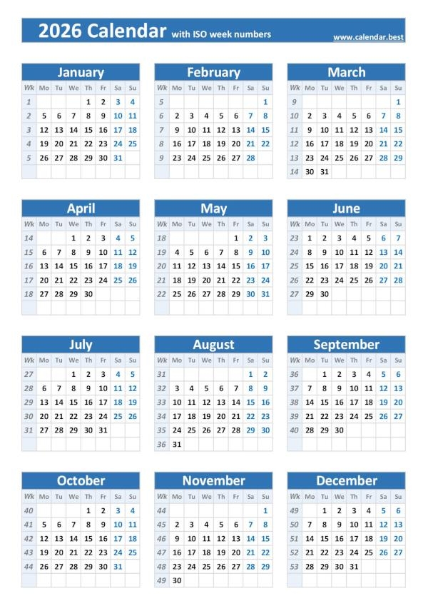 2026 Calendar With Week Numbers Pdf Anna C Sampson