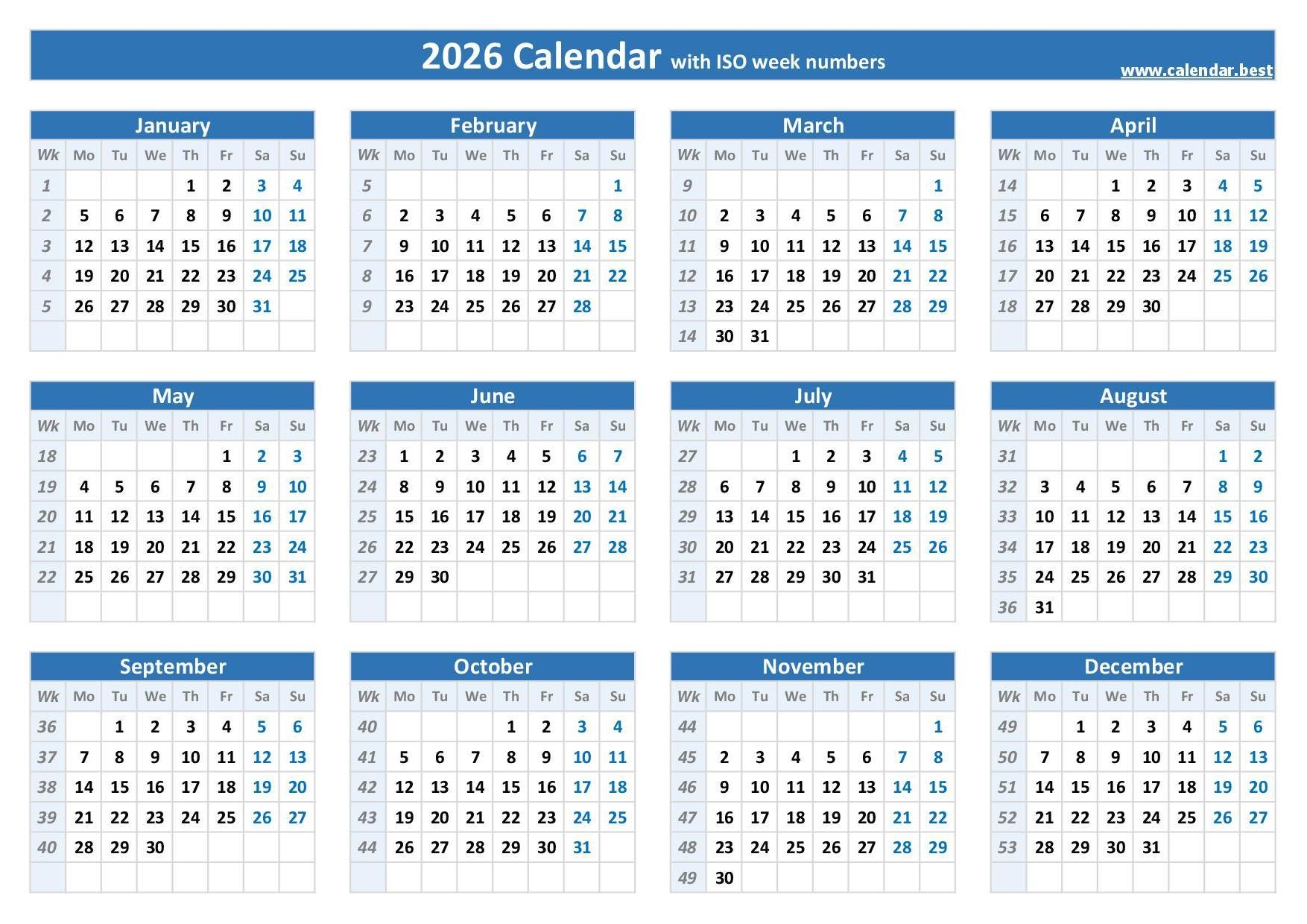 2026 Calendar With Week Numbers US And ISO Week Numbers