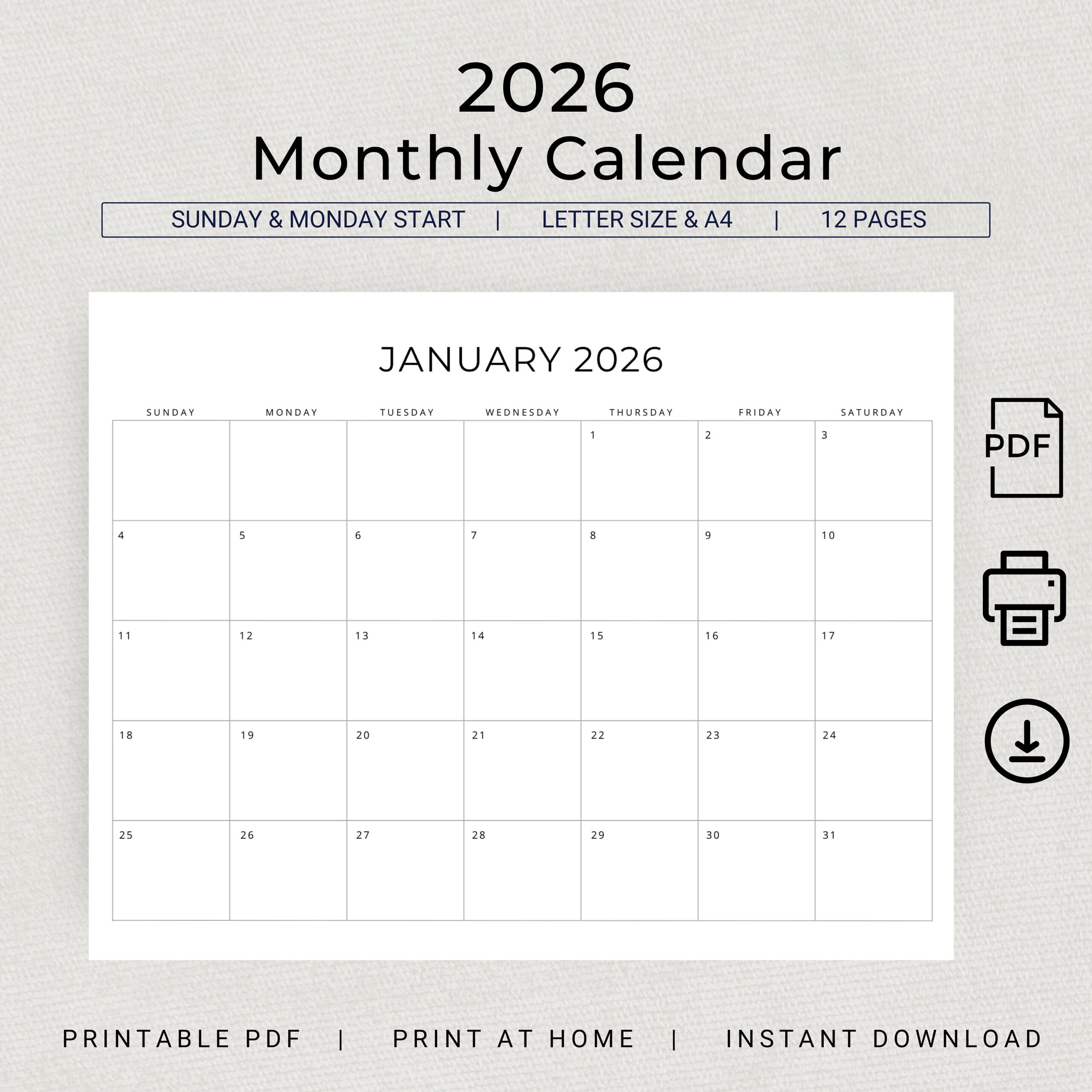 2026 Monthly Calendar PRINTABLE 2026 Monthly Planner Landscape 2026 
