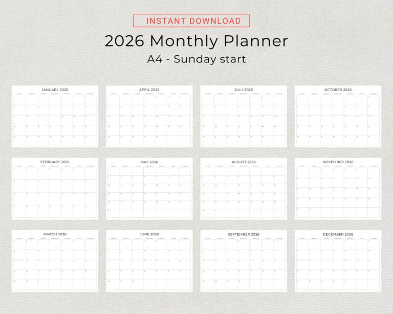 2026 Monthly Calendar PRINTABLE 2026 Monthly Planner Landscape 2026 