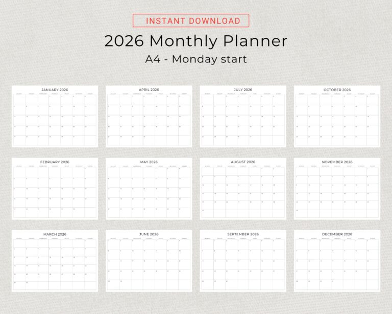 2026 Monthly Calendar PRINTABLE 2026 Monthly Planner Landscape 2026 