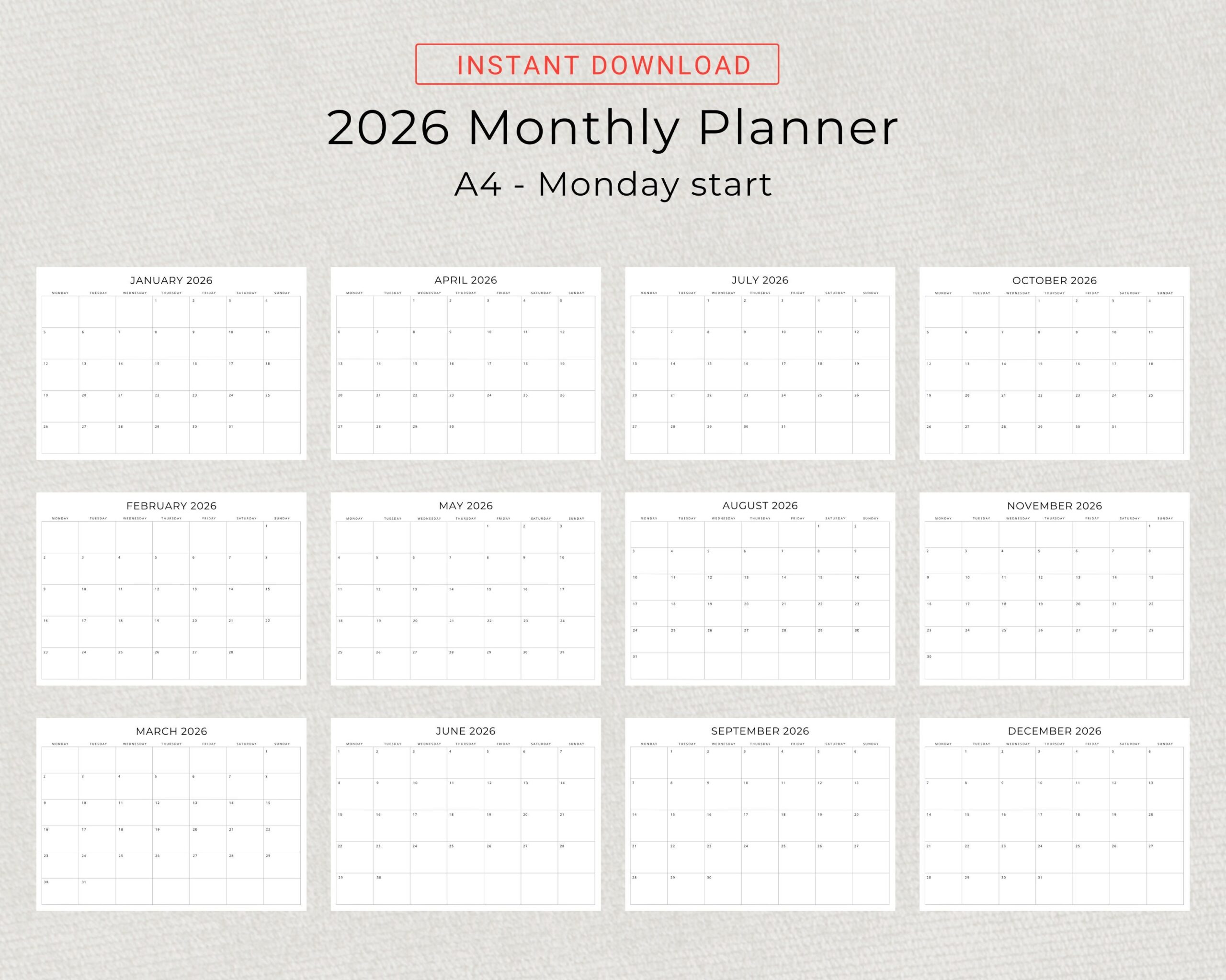 2026 Monthly Calendar PRINTABLE 2026 Monthly Planner Landscape 2026