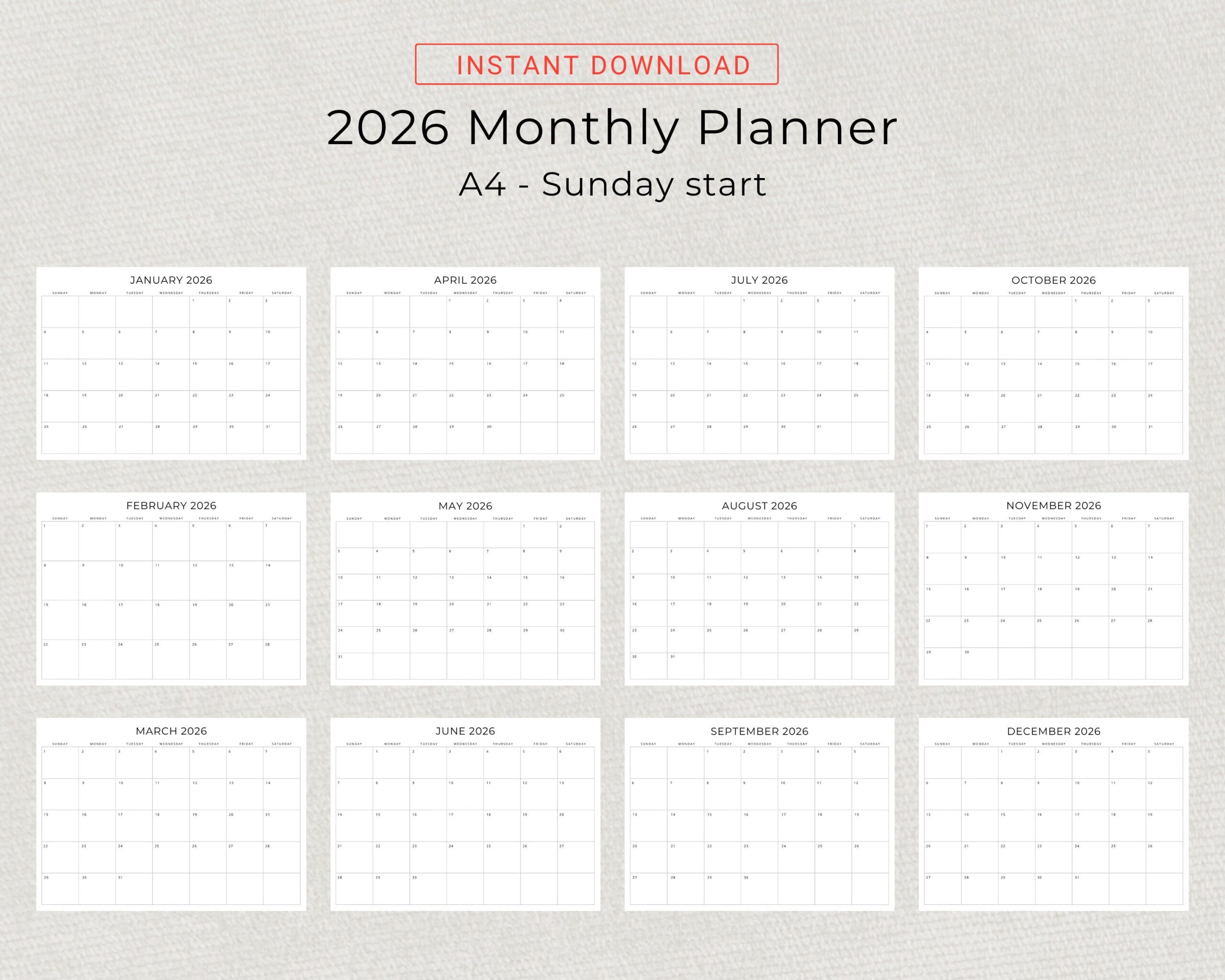 2026 Monthly Calendar PRINTABLE 2026 Monthly Planner Landscape 2026 