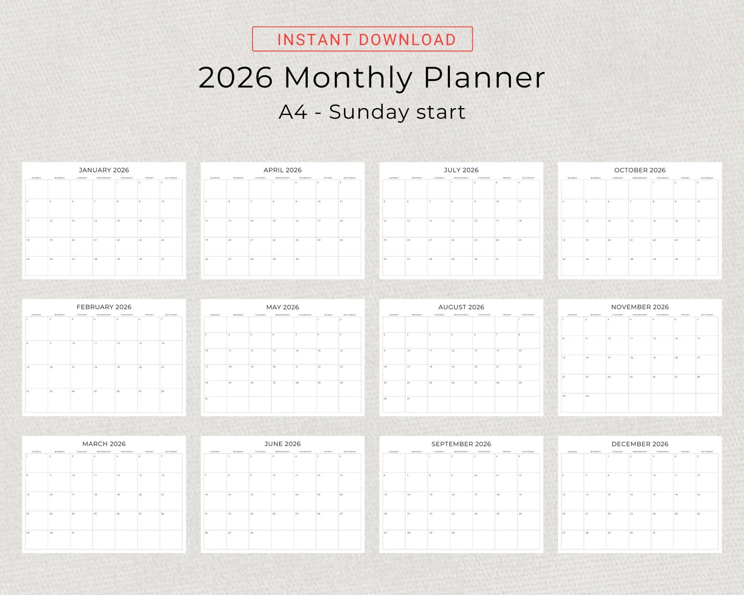 2026 Monthly Calendar PRINTABLE 2026 Monthly Planner Landscape 2026