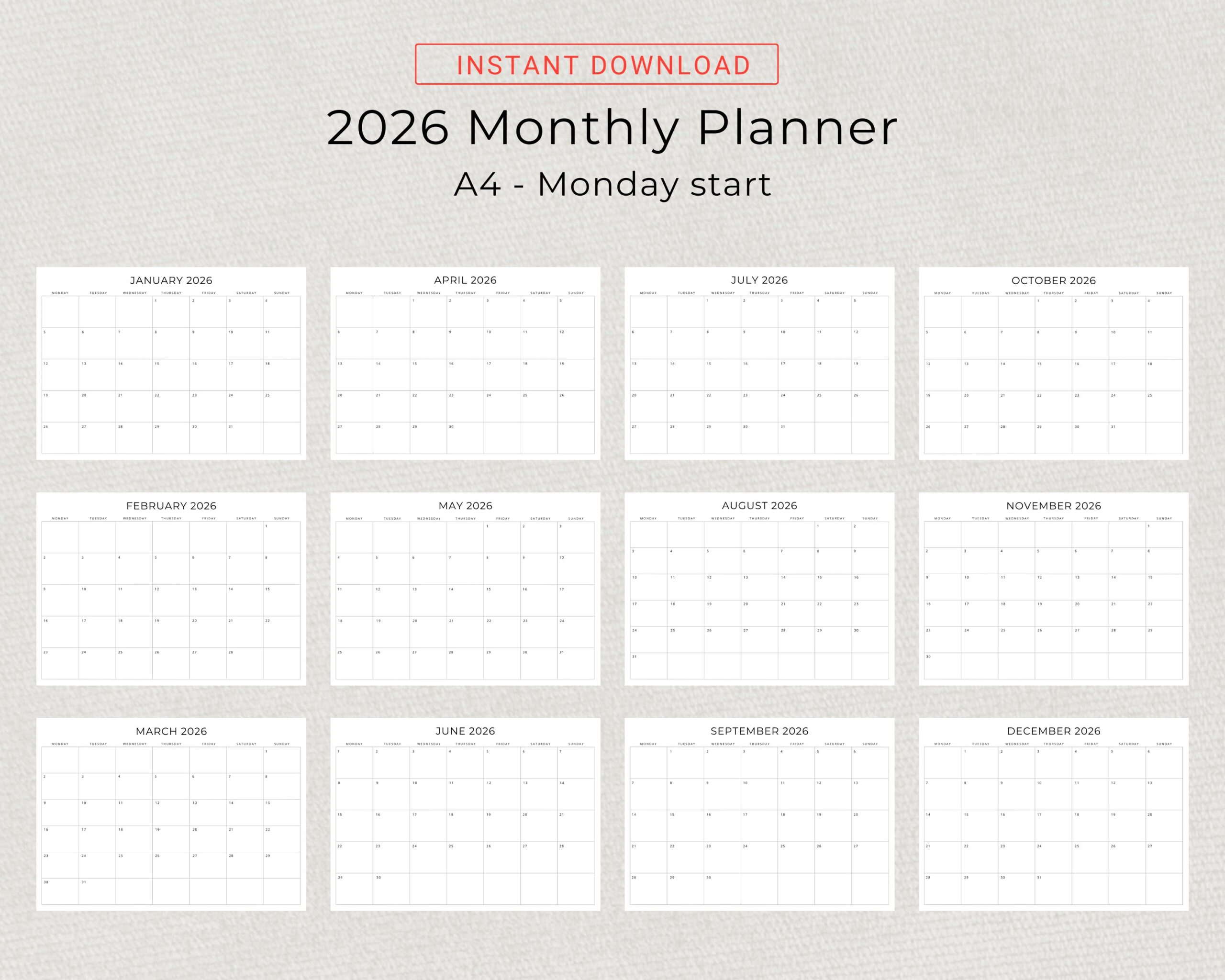 2026 Monthly Calendar PRINTABLE 2026 Monthly Planner Landscape 2026 