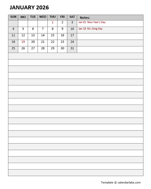 2026 Monthly Calendar Template Portrait Free Printable Templates