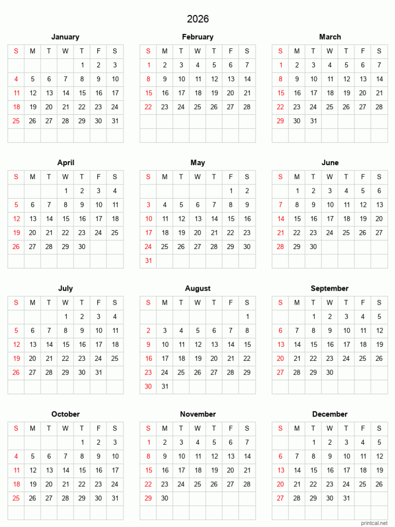 2026 Printable Calendar Full Year Calendar Grid Style 