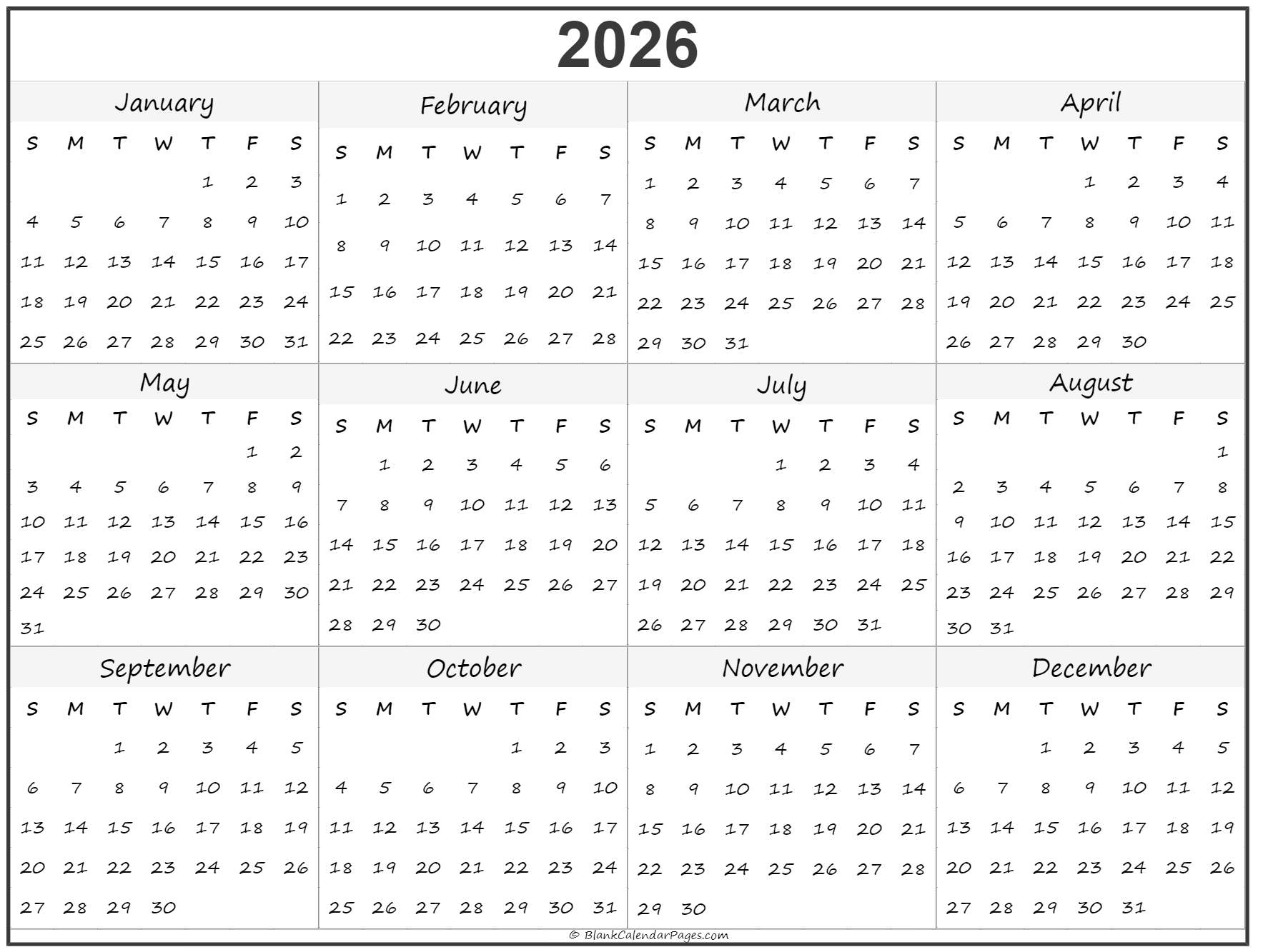 2026 Year Calendar Yearly Printable