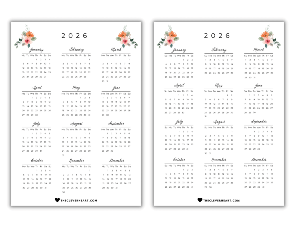 2026 YEARLY CALENDAR PRINTABLE ONE PAGE PDF visual data 2