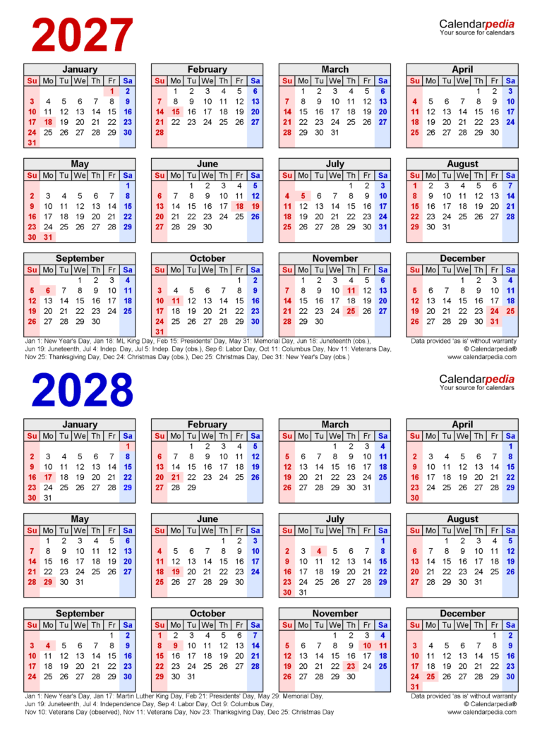 2027 2028 Two Year Calendar Free Printable PDF Templates