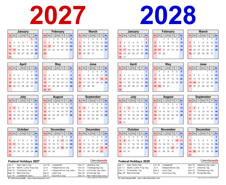 2027 2028 Two Year Calendar Free Printable PDF Templates
