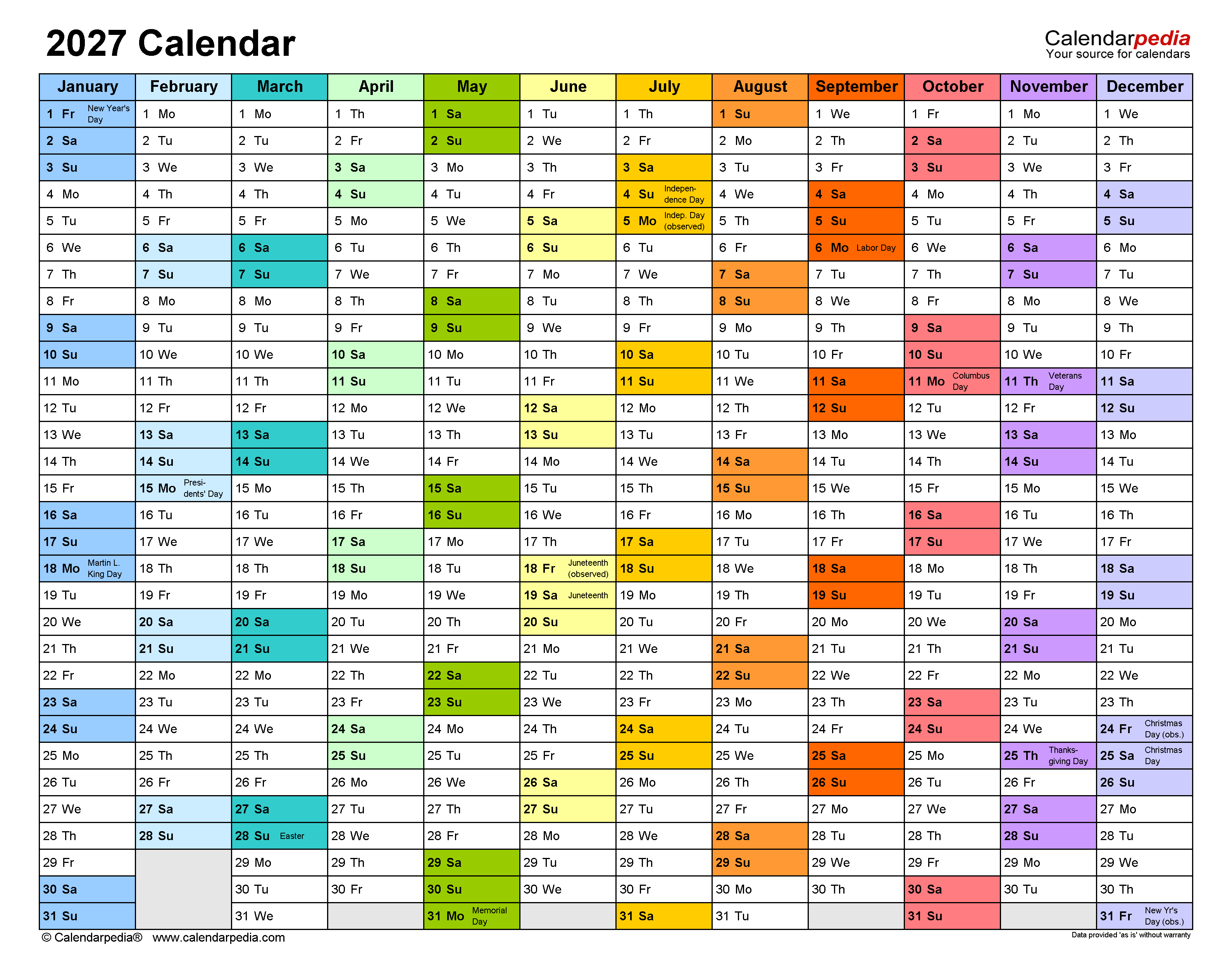 2027 Calendar Free Printable PDF Templates Calendarpedia