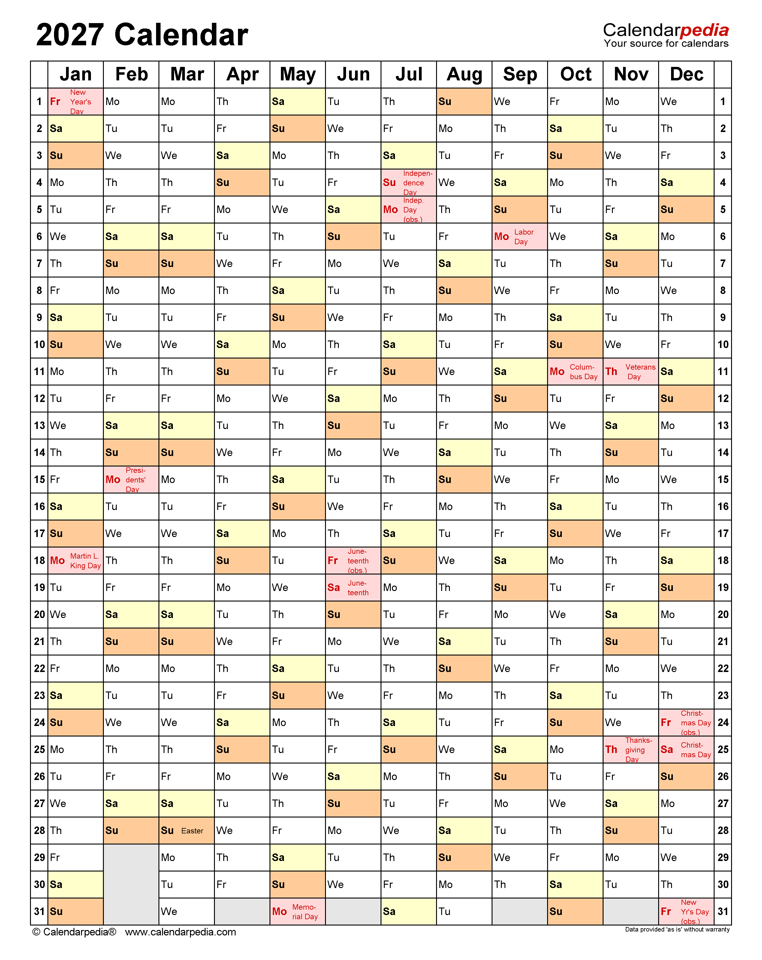 2027 Calendar Free Printable PDF Templates Calendarpedia