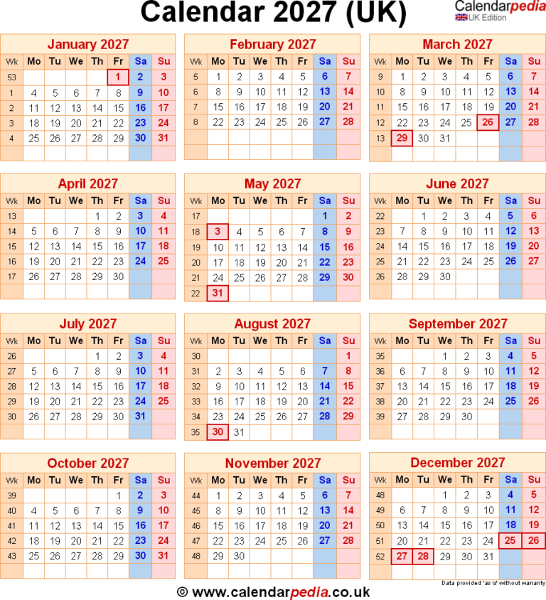 2027 Calendar With Holidays