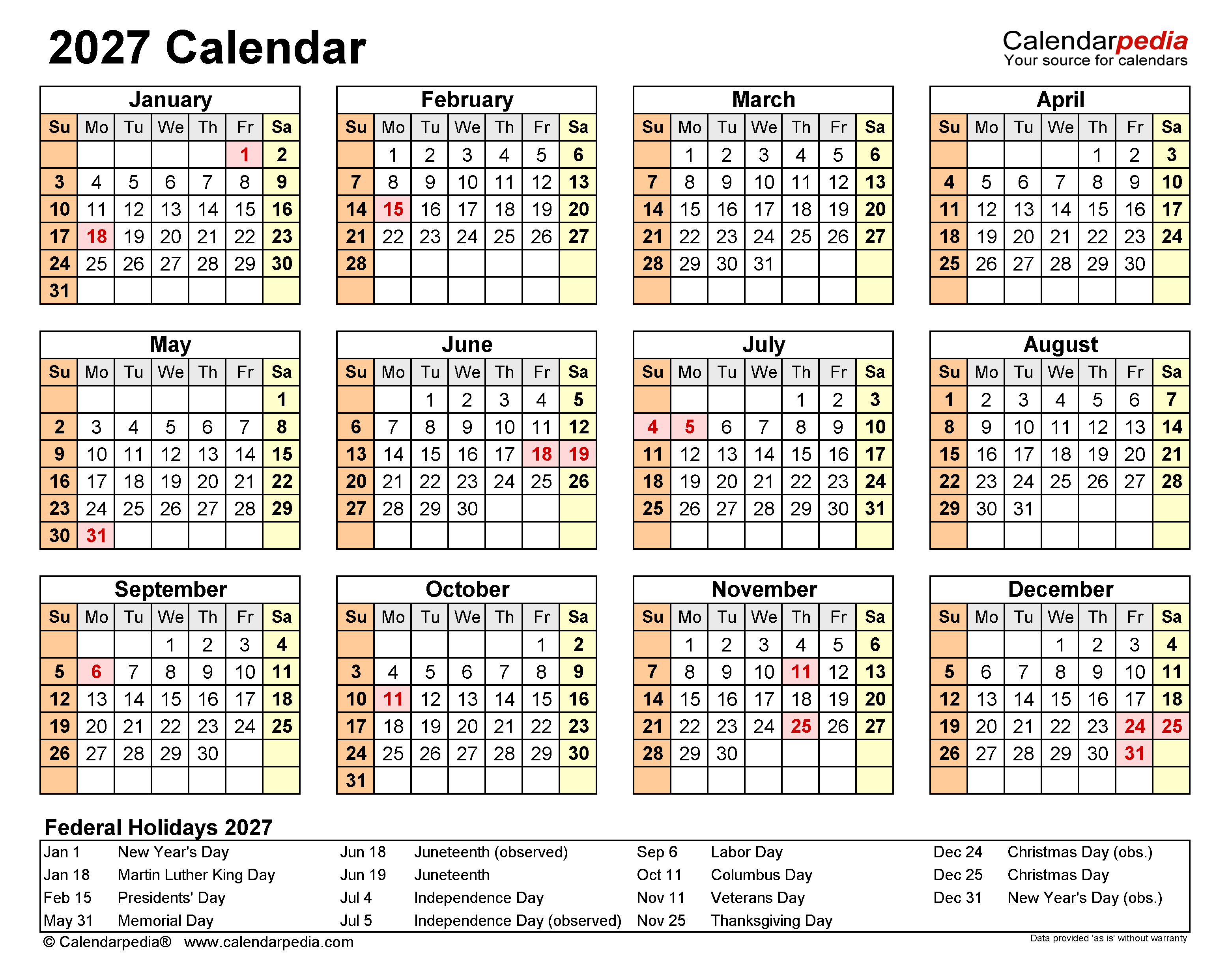 2027 Printable Calendar