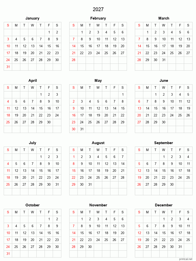 2027 Printable Calendar Full Year Calendar Grid Style 