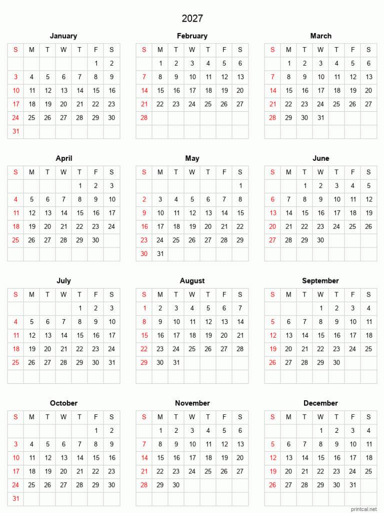 2027 Printable Calendar Full Year Calendar Grid Style 