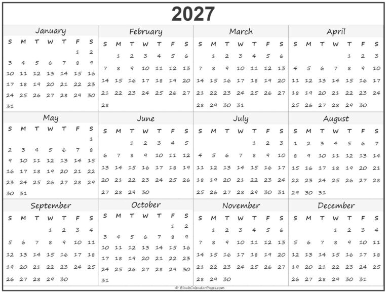 2027 Year Calendar Yearly Printable