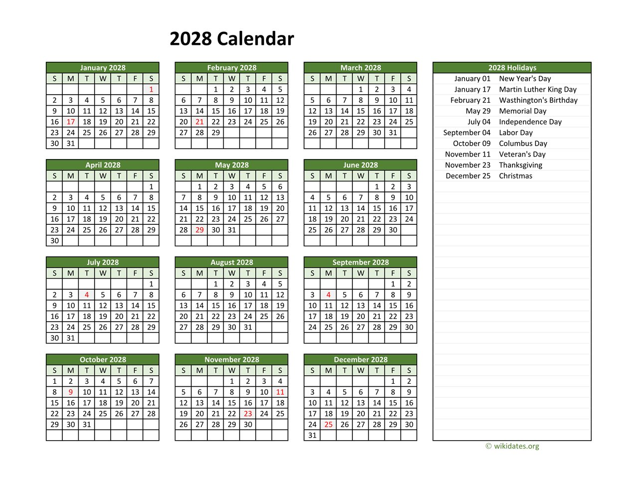 2028 Calendar Printable