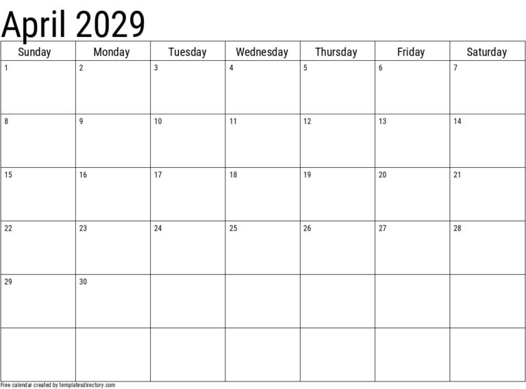 2029 April Calendar Template