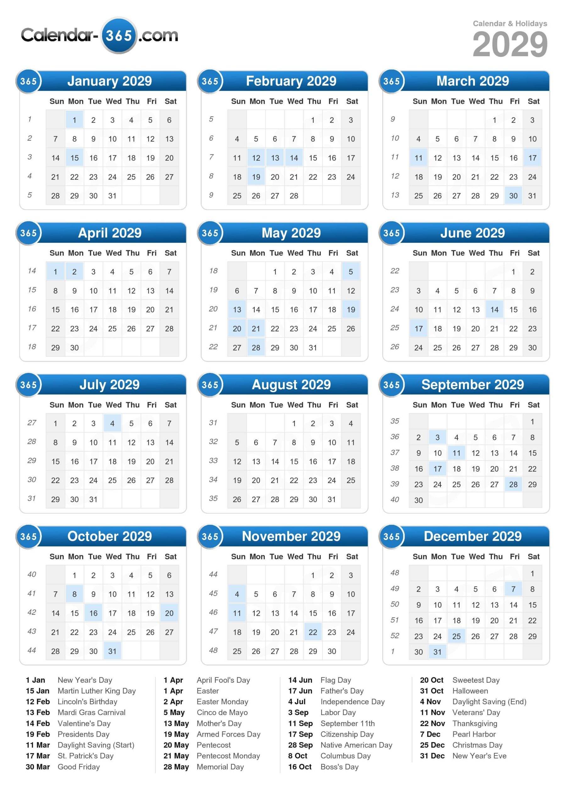 2029 Calendar