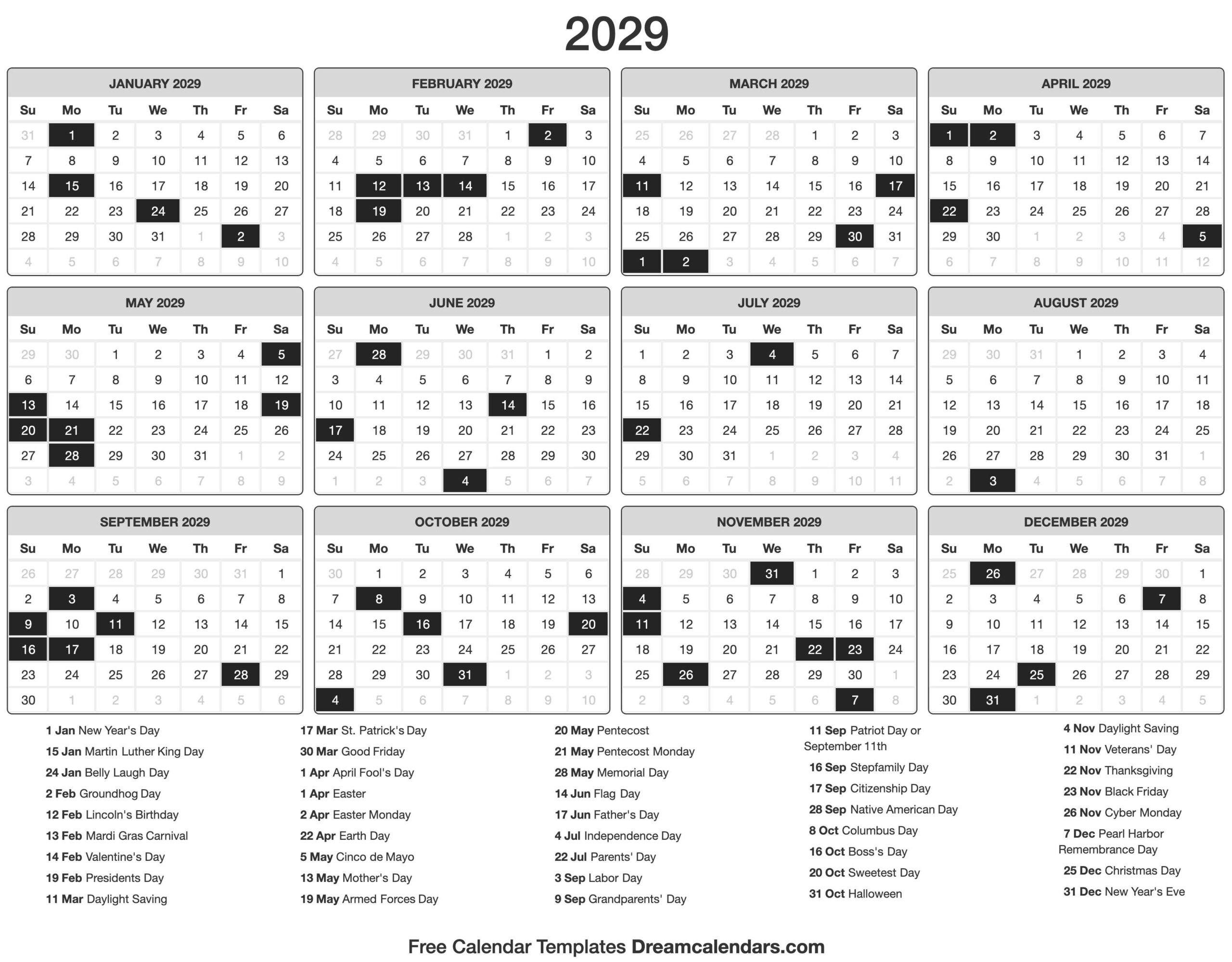 2029 Calendar