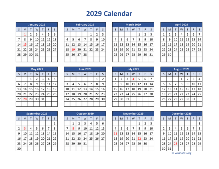 2029 Calendar In PDF WikiDates