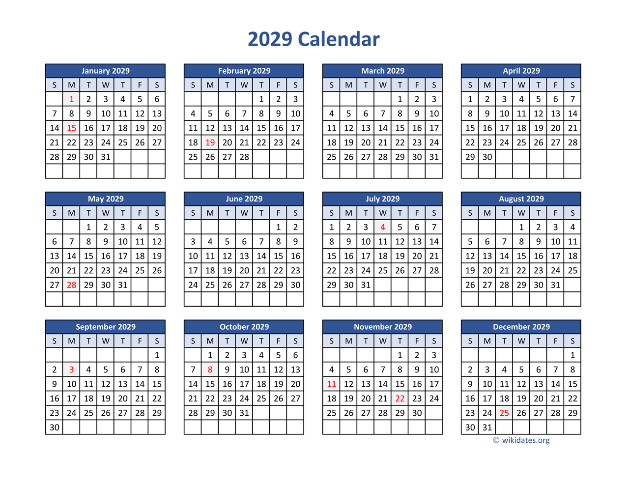 2029 Calendar In PDF WikiDates