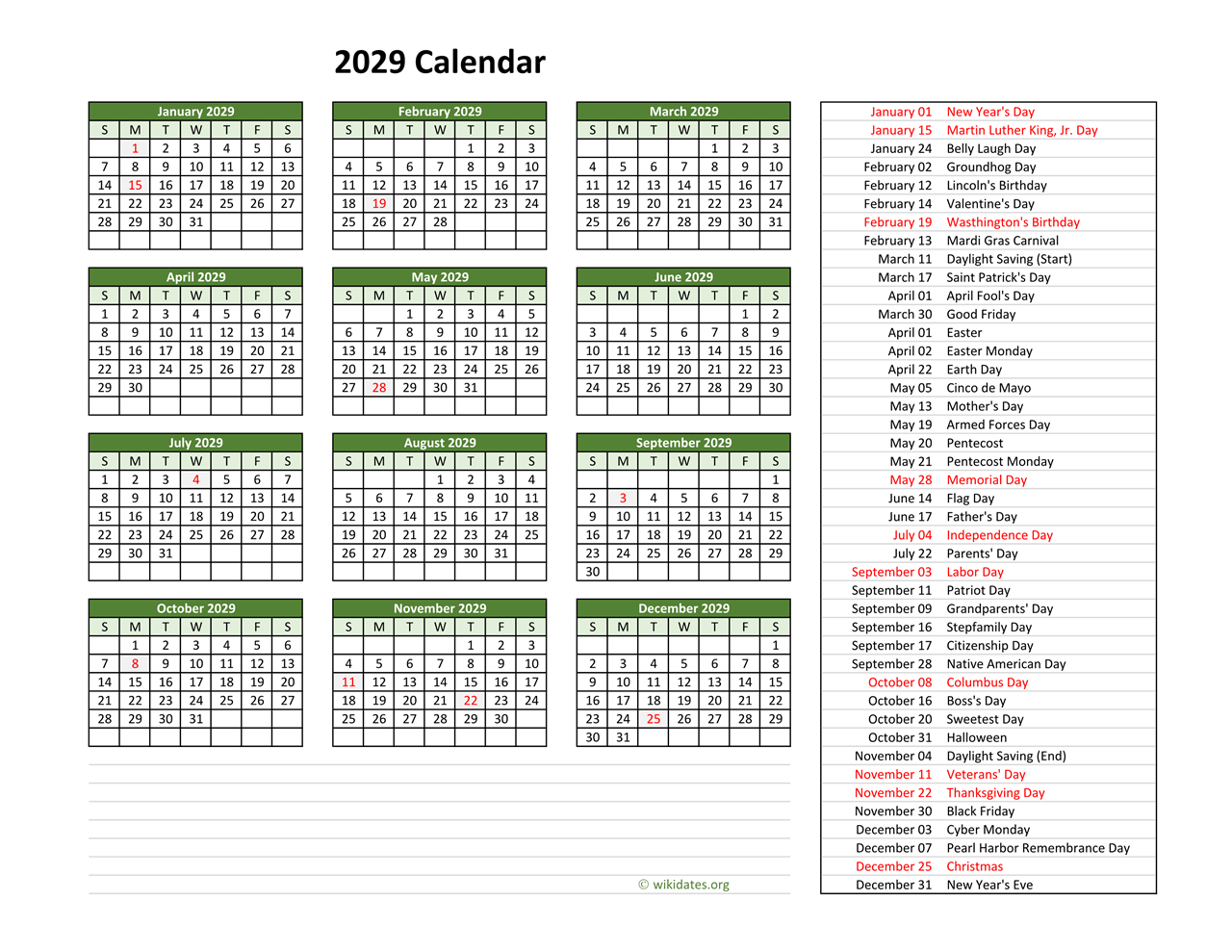 2029 Calendar With US Holidays WikiDates