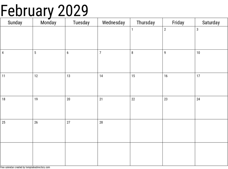 2029 February Calendar Template
