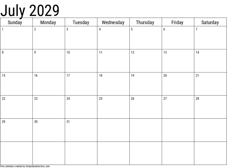 2029 July Calendar Template