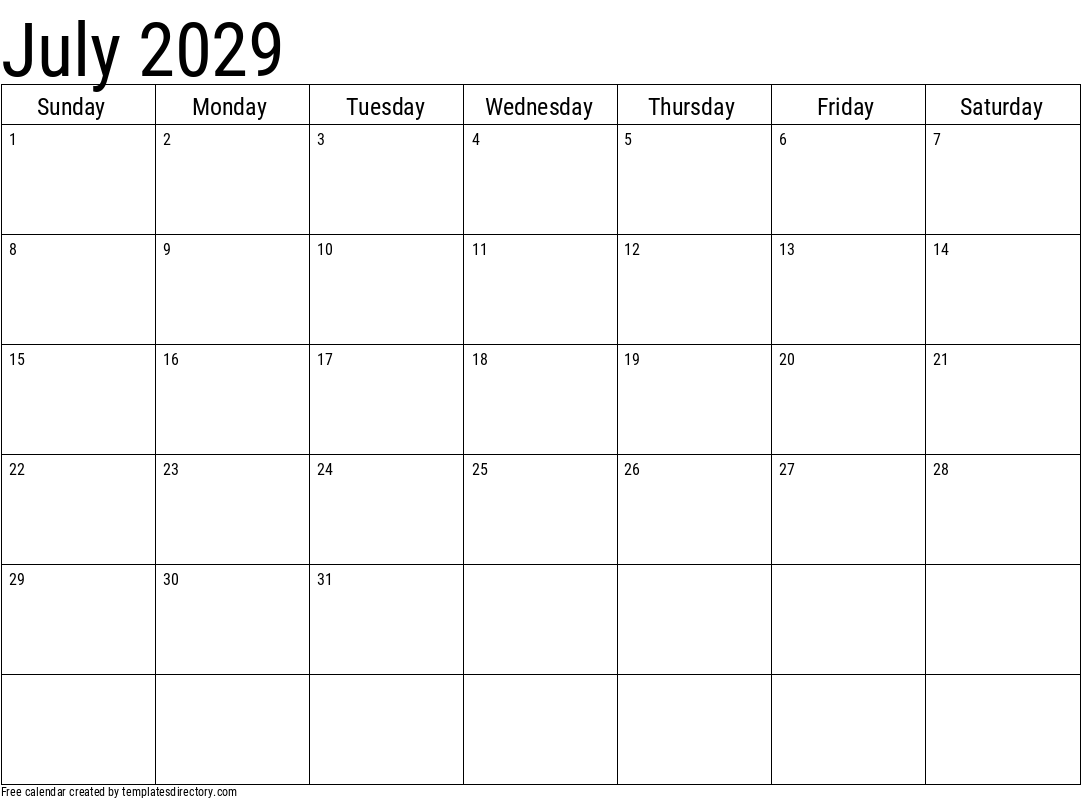 2029 July Calendar Template
