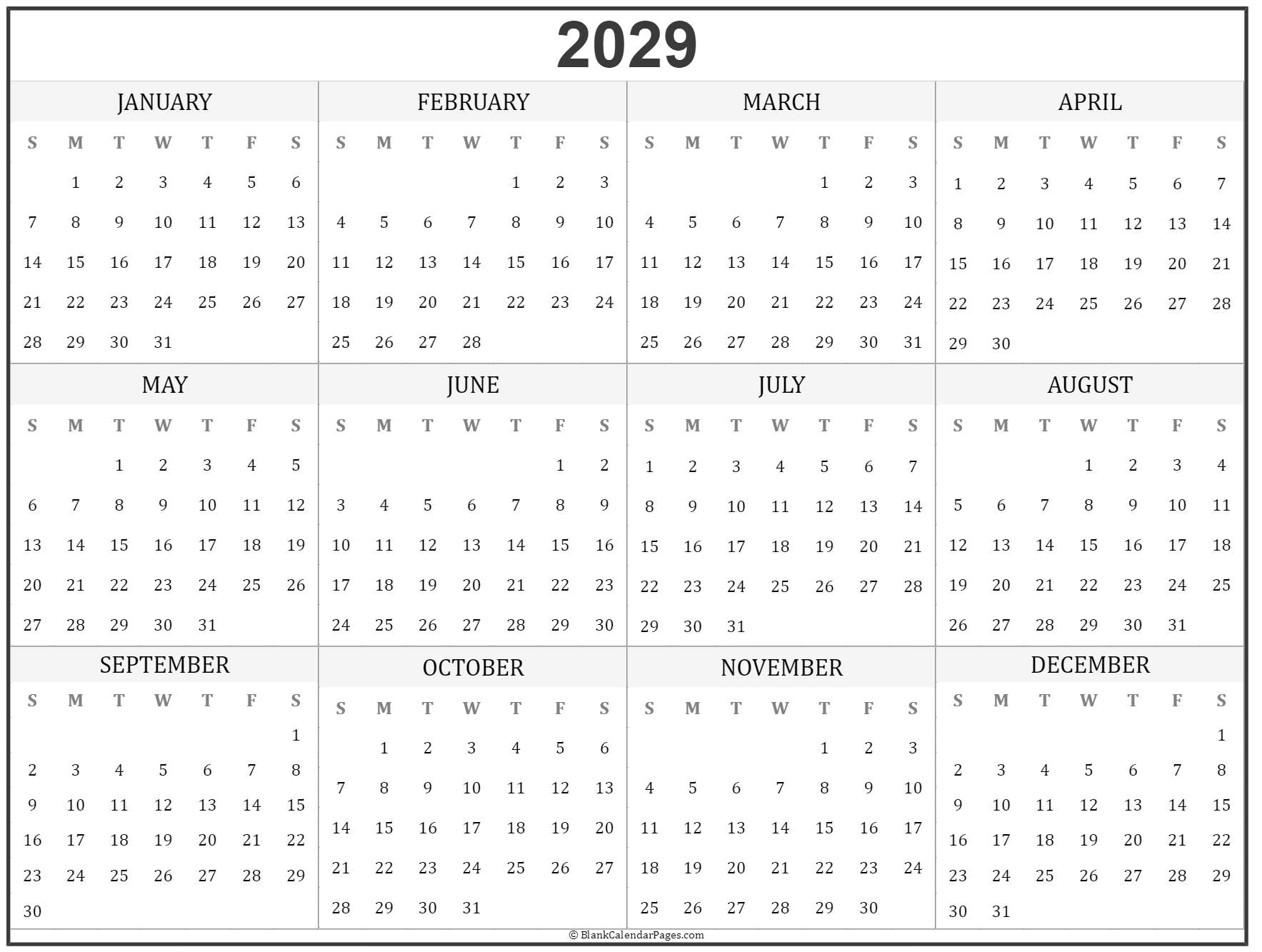 2029 Year Calendar Yearly Printable