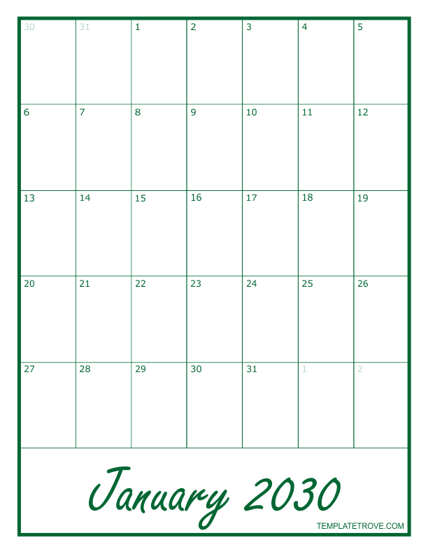 2030 Blank Monthly Calendar