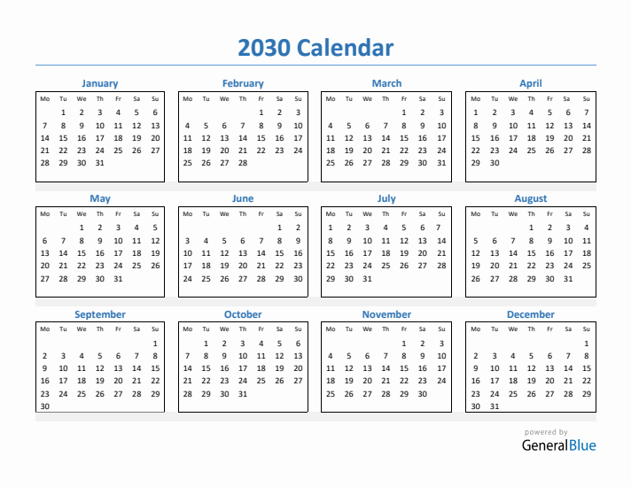2030 Blank Yearly Calendar Printable