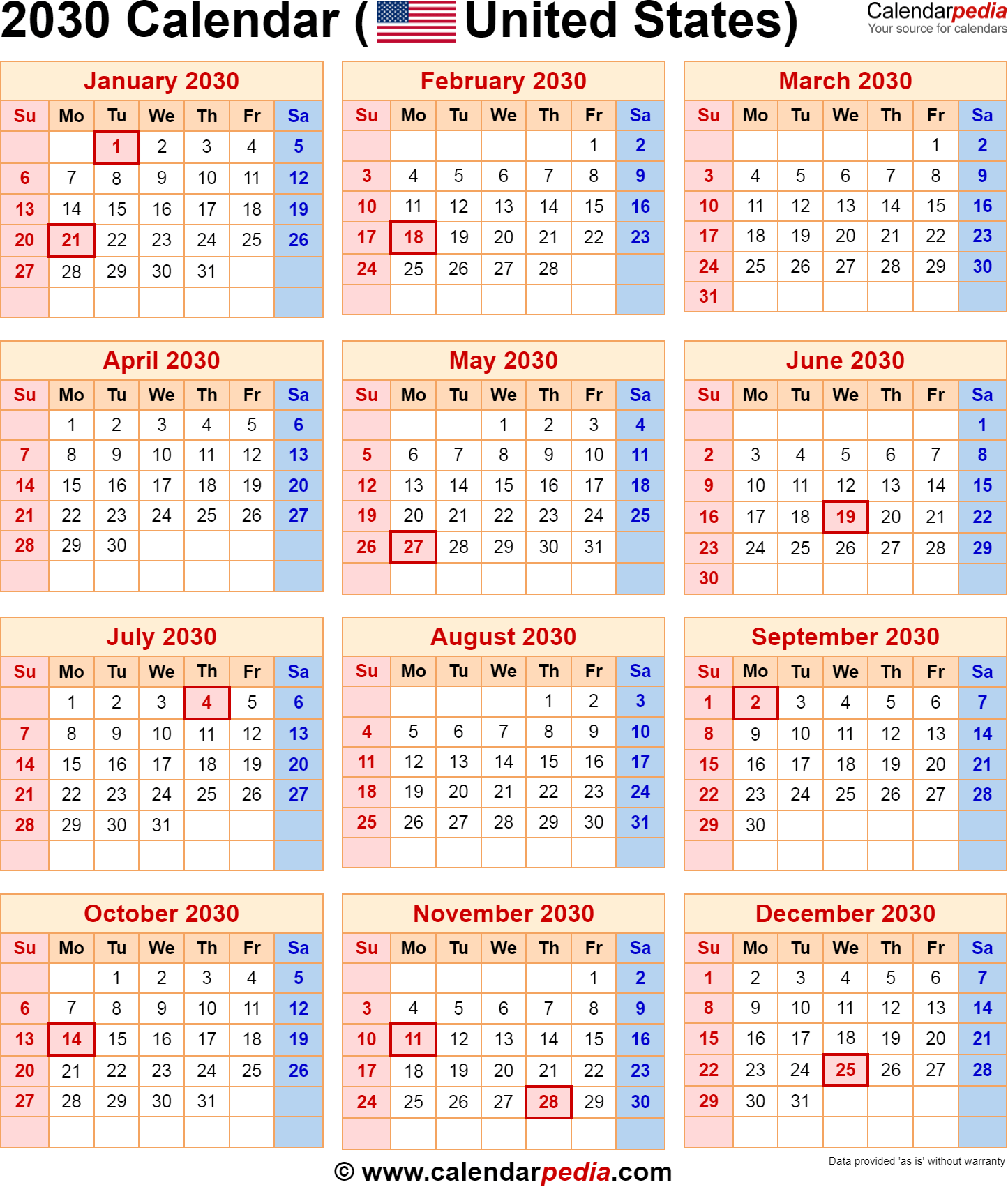 2030 Calendar For The USA With US Federal Holidays