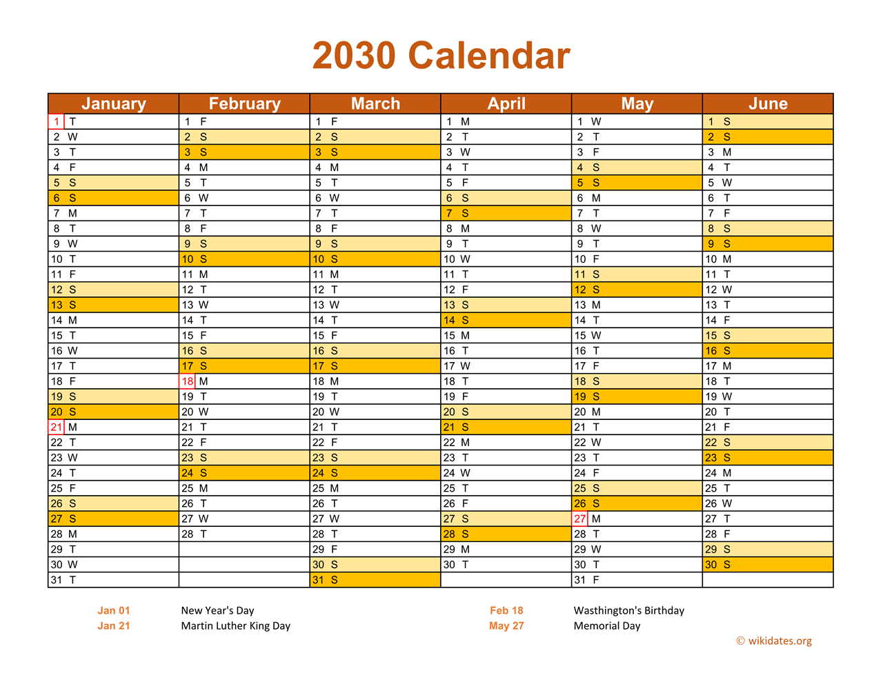 2030 Calendar On 2 Pages Landscape Orientation WikiDates