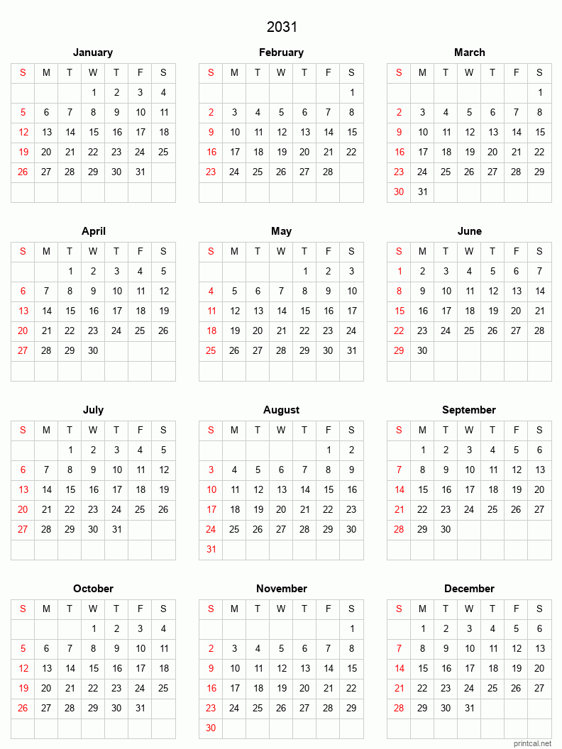 2031 Printable Calendar Full Year Calendar Grid Style 