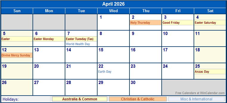 April 2026 Australia Calendar With Holidays For Printing image Format 